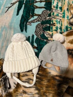 Kids Pom-Pom Ear-Flap Hats - Cream & Light Gray